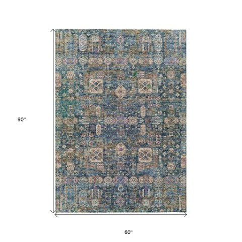 Homeroots 3' Artichoke Green & Ivory Oriental Washable Area Rug - Durable Indoor/Outdoor Design For Every Space 5' X 8' Polyester 579632
