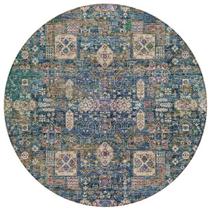 HomeRoots 5' Classic Oriental Washable Indoor Outdoor Area Rug in Green, Navy Blue & Ivory for All Spaces 8' Round 579633