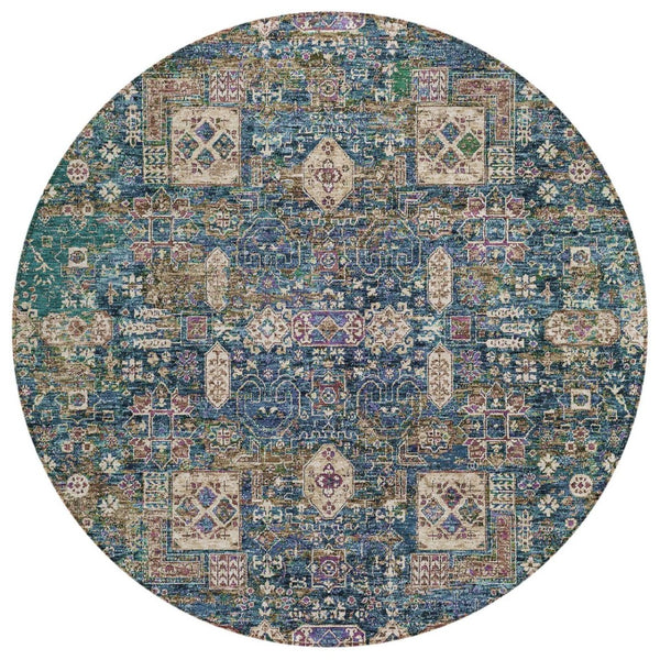 HomeRoots 5' Classic Oriental Washable Indoor Outdoor Area Rug in Green, Navy Blue & Ivory for All Spaces 8' Round 579633