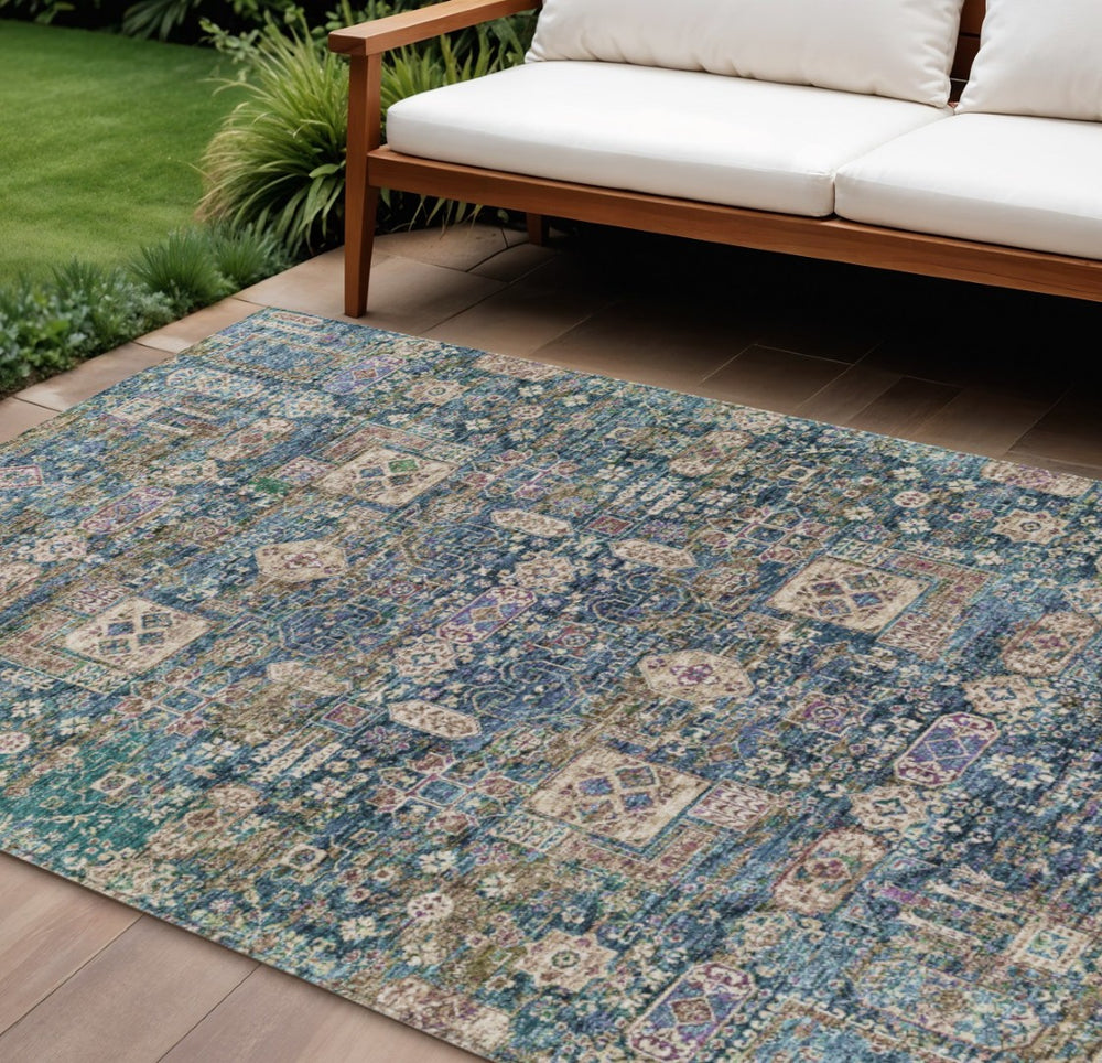 HomeRoots 9' Stylish Green Navy Blue Ivory Oriental Washable Indoor Outdoor Area Rug for Versatile Spaces 9' X 12' 579635