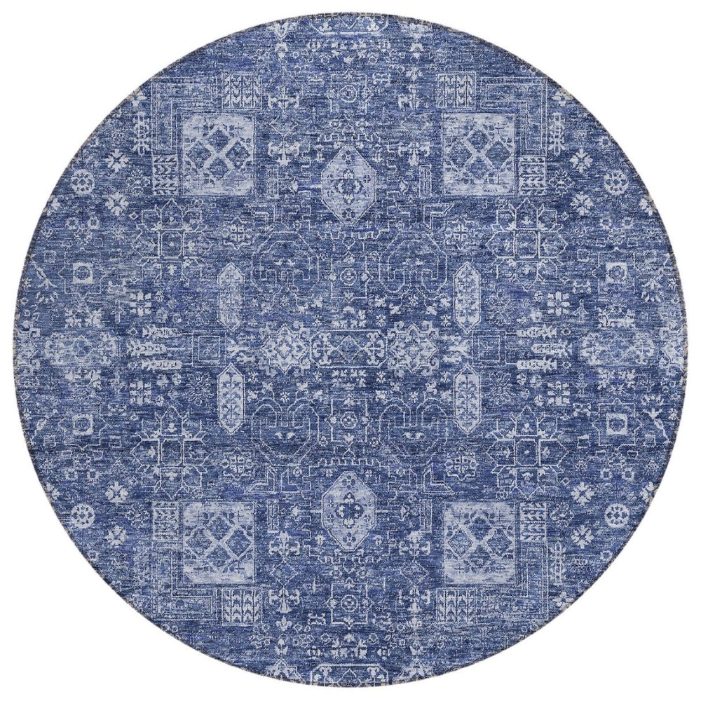 HomeRoots 5' Navy Blue and Sky Blue Oriental Area Rug - Durable, Washable, Indoor/Outdoor Home Essential 8' Round 579645