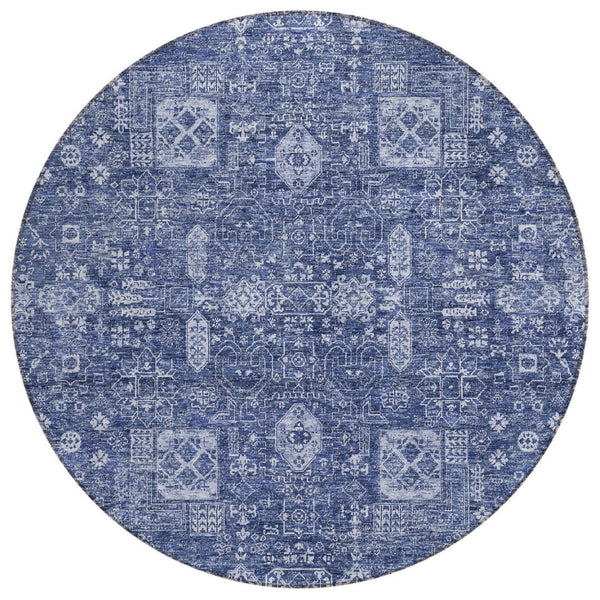 HomeRoots 5' Navy Blue and Sky Blue Oriental Area Rug - Durable, Washable, Indoor/Outdoor Home Essential 8' Round 579645