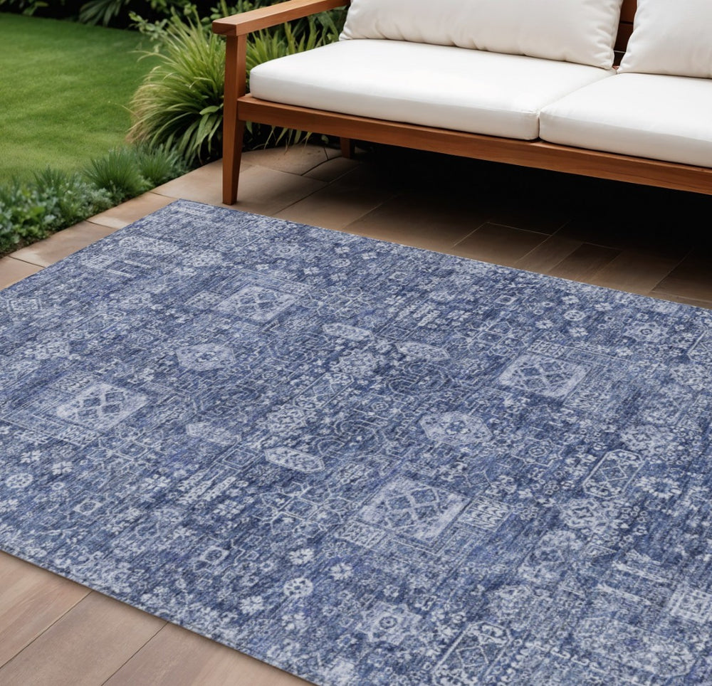 HomeRoots 9' Durable Navy and Sky Blue Oriental Washable Area Rug for Indoor and Outdoor Living Spaces 9' X 12' 579647