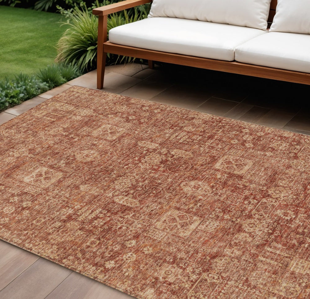 HomeRoots 9' Vibrant Orange Copper Terra Cotta Oriental Area Rug for Indoor and Outdoor Spaces, Machine Washable 9' X 12' 579653