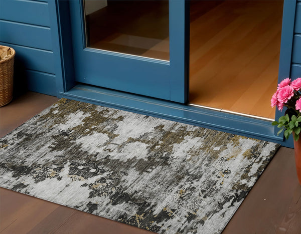 Homeroots 3' Taupe Brown And Gold Abstract Washable Indoor Outdoor Area Rug - Stylish, Durable, Versatile Design 3' X 5' Polyester 579661