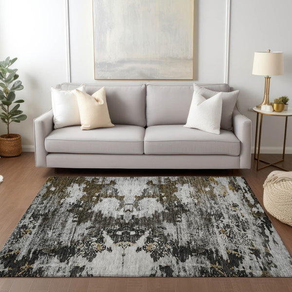 Homeroots 3' Taupe Brown And Gold Abstract Washable Indoor Outdoor Area Rug - Stylish, Durable, Versatile Design 5' X 8' Polyester 579662
