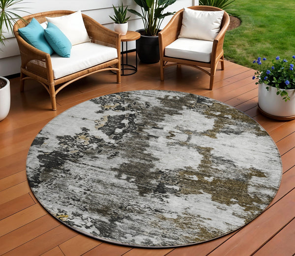 Homeroots 3' Taupe Brown And Gold Abstract Washable Indoor Outdoor Area Rug - Stylish, Durable, Versatile Design 8' Round Polyester 579663