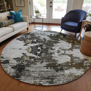 Homeroots 3' Taupe Brown And Gold Abstract Washable Indoor Outdoor Area Rug - Stylish, Durable, Versatile Design 8' Round Polyester 579663