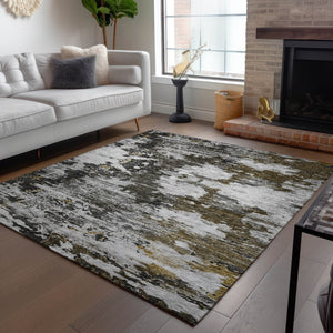 Homeroots 3' Taupe Brown And Gold Abstract Washable Indoor Outdoor Area Rug - Stylish, Durable, Versatile Design 9' X 12' Polyester 579665