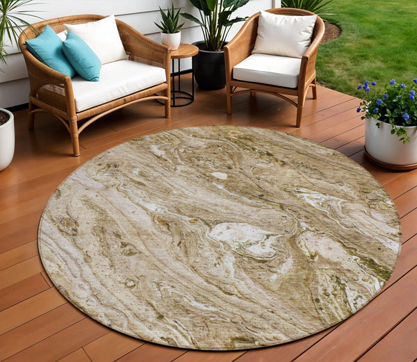 Homeroots 3' Brown Tan And Beige Abstract Washable Indoor Outdoor Area Rug For Versatile Home Decor Solutions 8' Round Polyester 579681