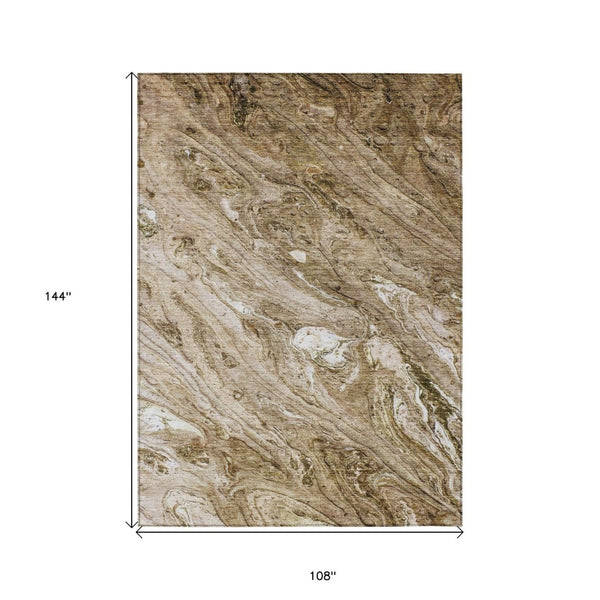 HomeRoots 9' Washable Area Rug - Durable Brown Tan Beige Abstract Design for Indoor Outdoor Spaces 9' X 12' 579683