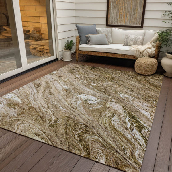 HomeRoots 9' Washable Area Rug - Durable Brown Tan Beige Abstract Design for Indoor Outdoor Spaces 9' X 12' 579683