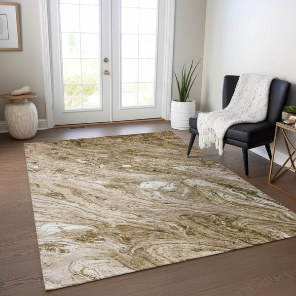 HomeRoots 9' Washable Area Rug - Durable Brown Tan Beige Abstract Design for Indoor Outdoor Spaces 9' X 12' 579683