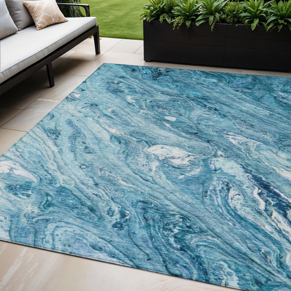 HomeRoots 5' Sky Blue and Navy Abstract Area Rug - Durable, Washable, Stylish for Indoor or Outdoor Spaces 5' X 8' 579698