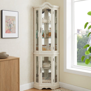 English Elm Lighted Corner Curio Cabinet With Adjustable Shelves & Integrated Lighting - Elegant White Oak Display W1758P300125