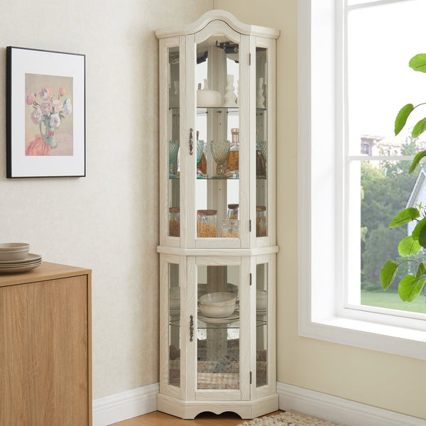 English Elm Lighted Corner Curio Cabinet With Adjustable Shelves & Integrated Lighting - Elegant White Oak Display W1758P300125