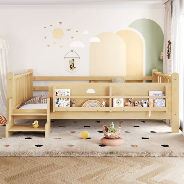 English Elm Twin Pine Floor Bed with Guardrails Built-in Bookcases and Stair Steps for Kids W1580P430186