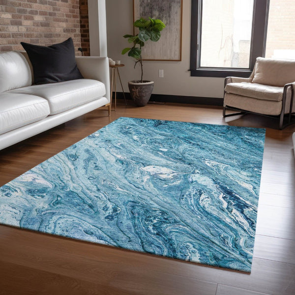 HomeRoots 5' Sky Blue and Navy Abstract Area Rug - Durable, Washable, Stylish for Indoor or Outdoor Spaces 8' X 10' 579700