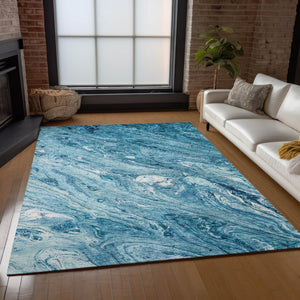 HomeRoots 5' Sky Blue and Navy Abstract Area Rug - Durable, Washable, Stylish for Indoor or Outdoor Spaces 8' X 10' 579700