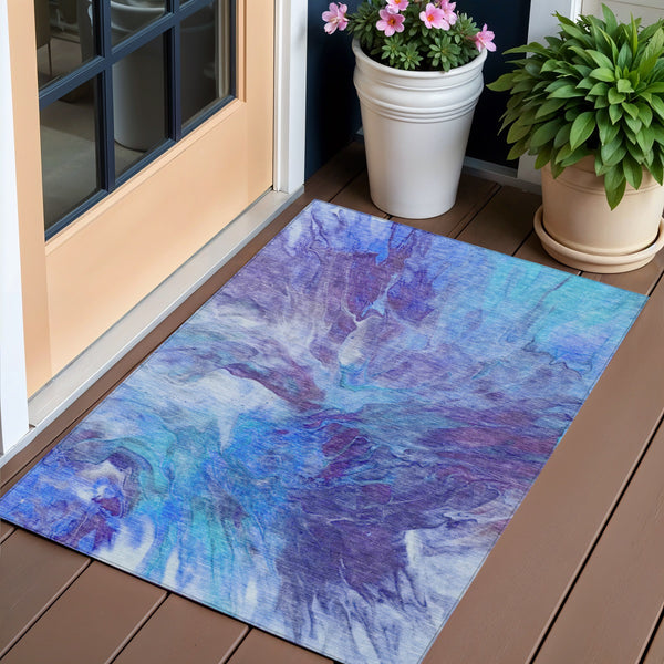 Homeroots 3' Purple And Navy Blue Abstract Washable Area Rug - Stylish Indoor Outdoor Comfort For Any Space 3' X 5' Polyester 579709