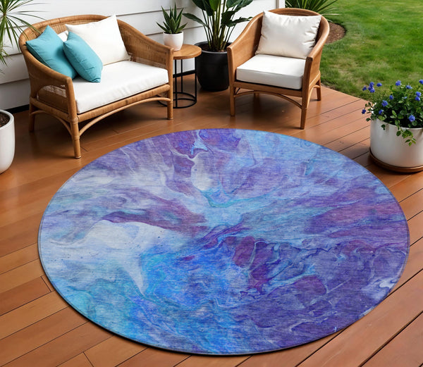Homeroots 3' Purple And Navy Blue Abstract Washable Area Rug - Stylish Indoor Outdoor Comfort For Any Space 8' Round Polyester 579711