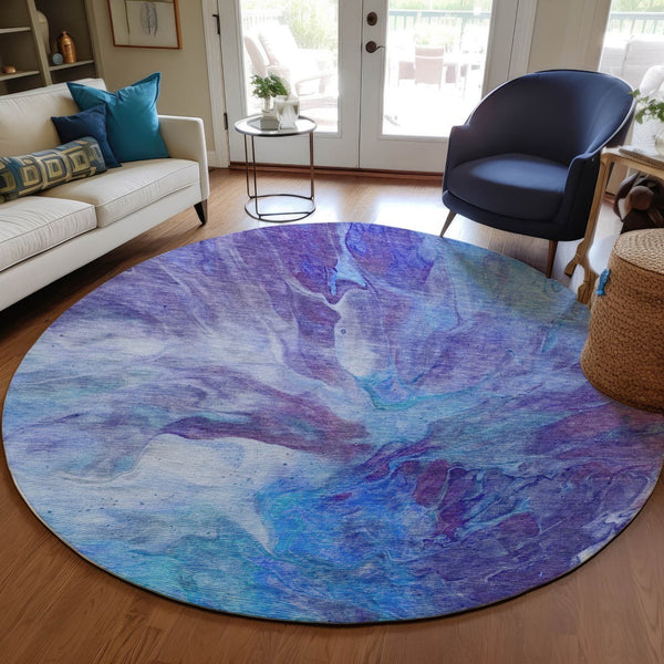 Homeroots 3' Purple And Navy Blue Abstract Washable Area Rug - Stylish Indoor Outdoor Comfort For Any Space 8' Round Polyester 579711