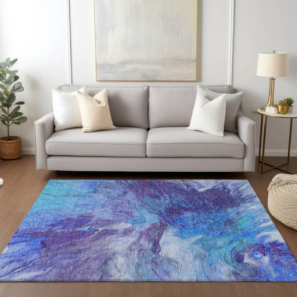 Homeroots 3' Purple And Navy Blue Abstract Washable Area Rug - Stylish Indoor Outdoor Comfort For Any Space 8' X 10' Polyester 579712