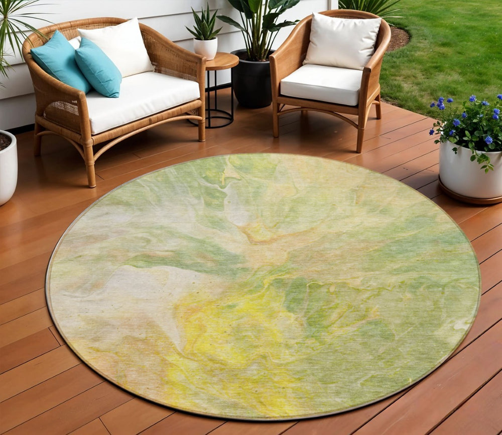 HomeRoots 5' Vibrant Green and Yellow Abstract Area Rug – Durable, Washable Indoor Outdoor Accent for Any Space 8' Round 579723
