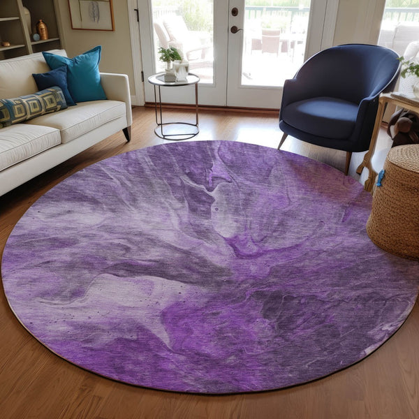 Homeroots 3' Purple And Navy Blue Abstract Washable Area Rug - Stylish Indoor Outdoor Comfort For Any Space 8' Round Polyester 579735