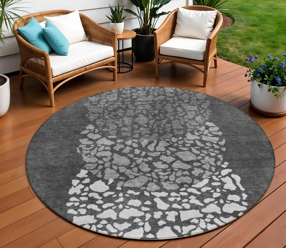 HomeRoots 5' Charcoal Gray and Silver Abstract Area Rug - Stylish, Durable, Washable for Indoor and Outdoor Use 8' Round 579795