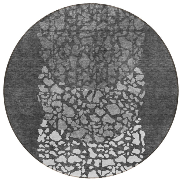 HomeRoots 5' Charcoal Gray and Silver Abstract Area Rug - Stylish, Durable, Washable for Indoor and Outdoor Use 8' Round 579795