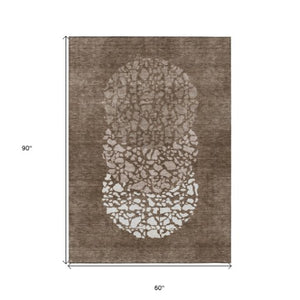 Homeroots 3' Beige Tan And Taupe Abstract Washable Area Rug For Indoor And Outdoor High Traffic Spaces 5' X 8' Polyester 579800