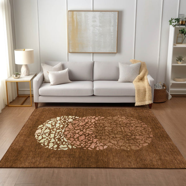 Homeroots 3' Beige Tan And Taupe Abstract Washable Area Rug For Indoor And Outdoor High Traffic Spaces 10' X 14' Polyester 579822