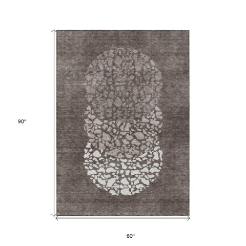 Homeroots 3' Beige Tan And Taupe Abstract Washable Area Rug For Indoor And Outdoor High Traffic Spaces 5' X 8' Polyester 579824