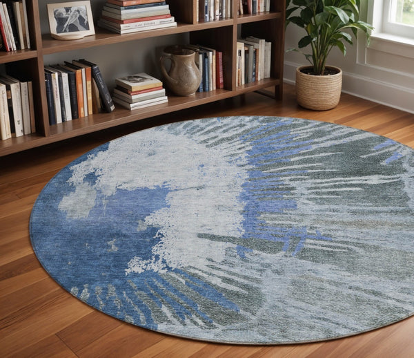 Homeroots 3' Denim Blue Abstract Area Rug – Stylish Washable Design For Indoor & Outdoor Spaces, Durable & Chic 8' Round Polyester 579837