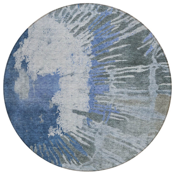 HomeRoots 5' Denim Blue and Navy Abstract Area Rug - Stylish, Washable, Durable for Indoor and Outdoor Use 8' Round 579837
