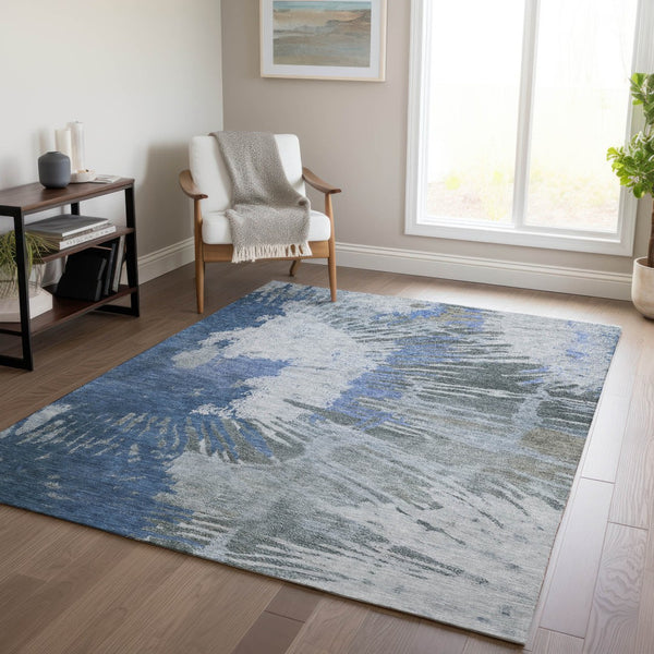 Homeroots 3' Denim Blue Abstract Area Rug – Stylish Washable Design For Indoor & Outdoor Spaces, Durable & Chic 9' X 12' Polyester 579839