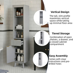 English Elm 68" Tall Fluted Freestanding Storage Cabinet with Drawer and Adjustable Shelf for Bathroom Gray N817P375218G