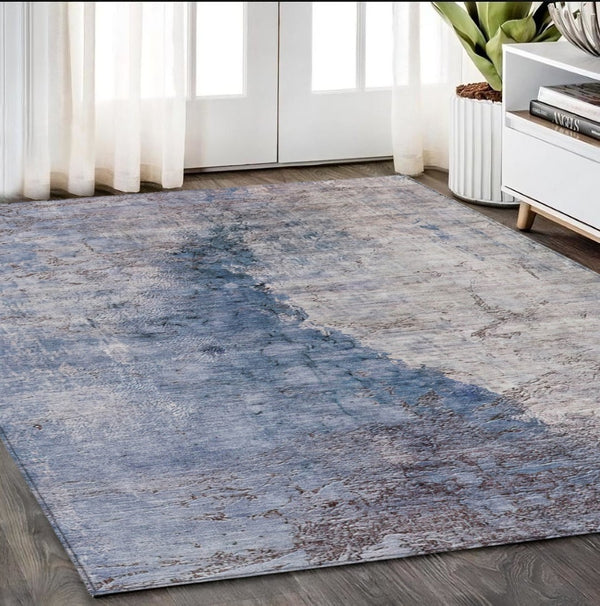 HomeRoots 5' Navy Blue and Gray Abstract Washable Area Rug – Versatile Indoor/Outdoor Design for Any Space 5' X 8' 579860