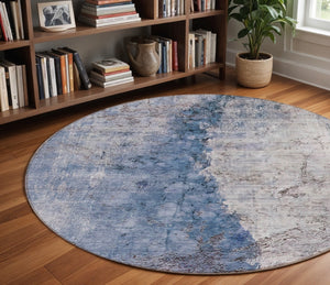 HomeRoots 5' Navy Blue and Gray Abstract Washable Area Rug – Versatile Indoor/Outdoor Design for Any Space 8' Round 579861