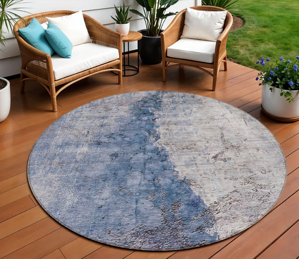 HomeRoots 5' Navy Blue and Gray Abstract Washable Area Rug – Versatile Indoor/Outdoor Design for Any Space 8' Round 579861