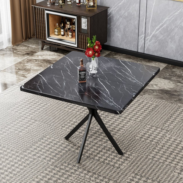 English Elm Square Mid Century Dining Table with Faux Marble Top, Waterproof Scratch-Resistant MDF Surface, Durable Iron Frame for Compact Kitchens and Stylish Small Dining Rooms Black W578P242962