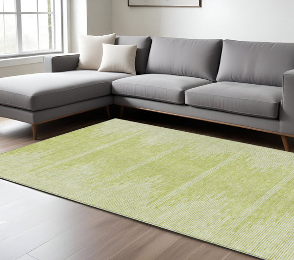 Homeroots 3' Stylish Artichoke Green Ivory Abstract Washable Area Rug For Indoor And Outdoor Spaces 9' X 12' Polyester 579875