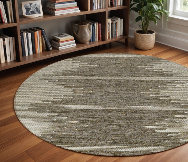 Homeroots 3' Stylish Artichoke Green Ivory Abstract Washable Area Rug For Indoor And Outdoor Spaces 8' Round Polyester 579891