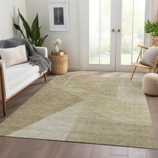 Homeroots 3' Stylish Beige Tan And Ivory Geometric Washable Area Rug For Indoor And Outdoor Spaces 3' X 5' Polyester 579925