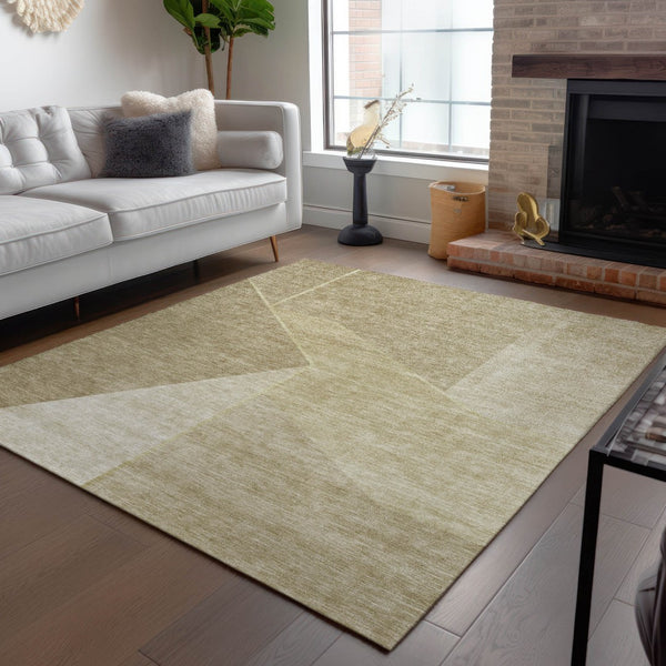 Homeroots 3' Stylish Beige Tan And Ivory Geometric Washable Area Rug For Indoor And Outdoor Spaces 3' X 5' Polyester 579925