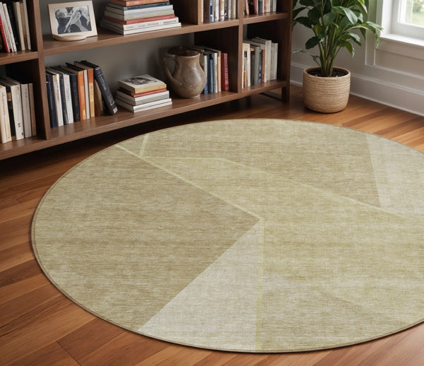 Homeroots 3' Stylish Beige Tan And Ivory Geometric Washable Area Rug For Indoor And Outdoor Spaces 8' Round Polyester 579927