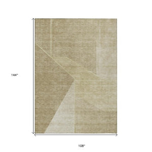Homeroots 3' Stylish Beige Tan And Ivory Geometric Washable Area Rug For Indoor And Outdoor Spaces 9' X 12' Polyester 579929