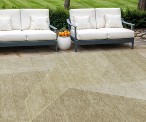 Homeroots 3' Stylish Beige Tan And Ivory Geometric Washable Area Rug For Indoor And Outdoor Spaces 9' X 12' Polyester 579929