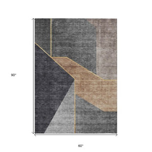 Homeroots 3' Stylish Beige Tan And Ivory Geometric Washable Area Rug For Indoor And Outdoor Spaces 5' X 8' Polyester 579932